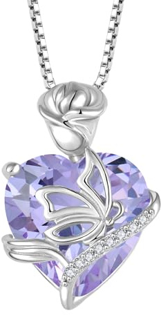 FJ Herz Geburtsstein Kette Damen 925 Sterling Silber Schmetterling Kette Anhänger Rose Blume Halskette Schmuck Geschenke für Frauen Mutter Freundin Mama