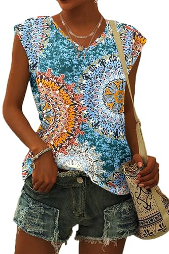 WNEEDU T-Shirt Damen Sommer V Ausschnitt Tank Top Locker Bluse Oberteile Top Sommer Damen Leicht und Luftig mit Flügelärmeln Blumengrün XXL