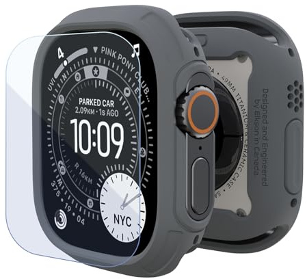 elkson for 49mm Apple Watch Ultra 3/2/1 Bumper Case with Screen Protector Tempered Glass, Quattro Max Series Rugged for iWatch, Military Grade Durable Protective Cover, Flexible Shockproof, Grey