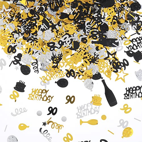 3000 Pieces Birthday Confetti Number 90 Glitter Cake Confetti Table Decoration Black Gold and Silver Party Decorations Supplies for Birthday, Anniversary (90th Style)
