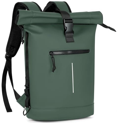 Lekeinchi Rolltop Rucksack Wasserdicht für Damen & Herren, Großer Laptop Rucksack mit Computerfach für 17 Zoll Laptop, Elegant Reiserucksack Daypack für Reisen, Radfahren, Uni Schule, Arbeit-Grün