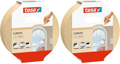 Tesa Ruban de Masquage Spécial COURBES - Ruban Adhésif avec Crêpage Extra Fort pour Masquer les Courbes et les Formes Irrégulières - Surfaces Rugueuses et Lisses - 25 m x 38 mm (Lot de 2)