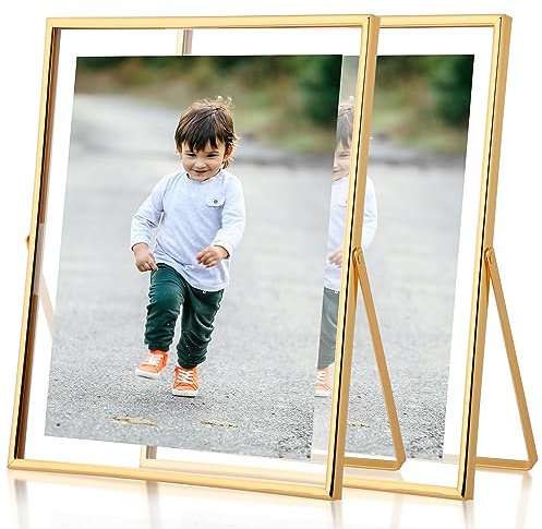 Fixwal Gold Floating Picture Frame Set of 2, 8 x 10 Tempered Glass, Tabletop Display, Multi Size Including 6 x 8, 5 x 7