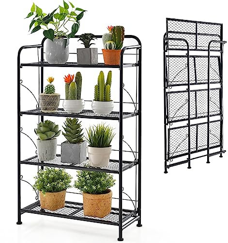 HOMASIS Pflanzregal mit 4 Ebenen, Klappbarer Pflanzenständer aus Metall, Blumenregal mit verstellbare Ablagen, Mehrzweckregal Blumentreppe Pflanzentreppe für Balkon, Garten, 60 x 25 x 100 cm, Schwarz