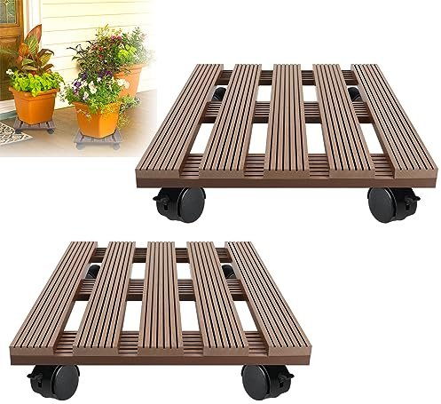 Yznahre 2x WPC Pflanzenroller 30x30 cm 100 kg Tragkraft, Rollbrett Pflanzen, Blumenroller für außen & innen, Witterungsbestaendig, mit Rollen, Quadratisch, Braun