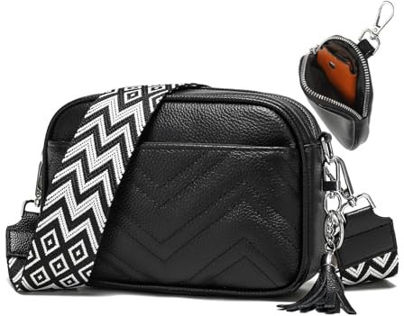 KUNKUN Handy Umhängetasche Damen Echtes Leder Handtasche Damen Mittelgroß Crossbody Bag Damen 5cm Breiter Gurt Crossbag mit Münzgeldbörse-Schwarz