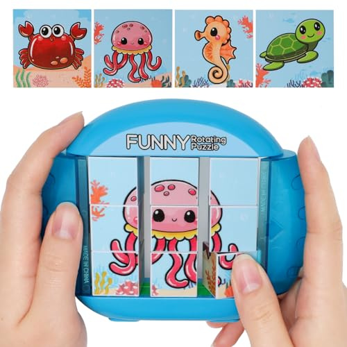 Fullware drehbares 3D Puzzle für Kinder im Alter von 3 4 5 6 7 Jahren, 4 Puzzles in 1, tragbares Fidget Spielzeug für Reisen, Autos und Flugzeuge, Entwicklung der Feinmotorik, Lernspiel, Blau