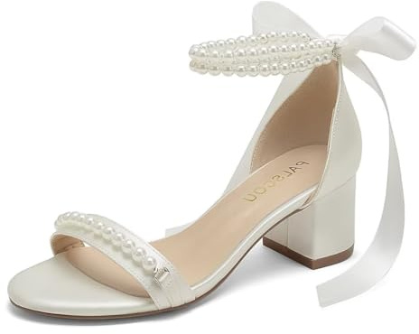 Block Heel Wedding Sandals Open Toe Pearl Wedding Shoes for Bride Low Heel Bridal Shoes Chunky Heel Sandals-Ivory-8