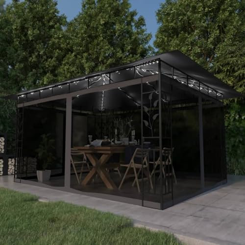 Gecheer Gazebo con Zanzariera e Luci LED,Gazebo da Esterno,Gazebo Pergola con Telo,Padiglione da Giardino,Tenda per Feste,Gazebo per Barbecue,Gazebo con Pareti,Gazebo 4x3x2,73 m Antracite