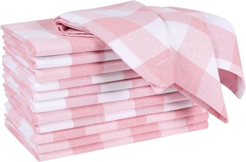 Set di 12 tovaglioli di stoffa a quadretti rosa chiaro e bianco, 45 x 45 cm, tovaglioli di cotone, tovaglioli da cucina, tovaglioli da pranzo, a scacchi, tovaglioli per barbecue, morbidi, assorbenti,