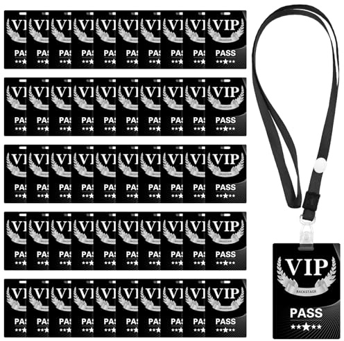 50 Sets VIP Abzeichen Lanyards mit Kunststoff VIP Pass Karten VIP Lanyards Sicherheitskarten Schwarze Schlüsselbänder für Backstage Konzert Event Party Geburtstag 7x10cm