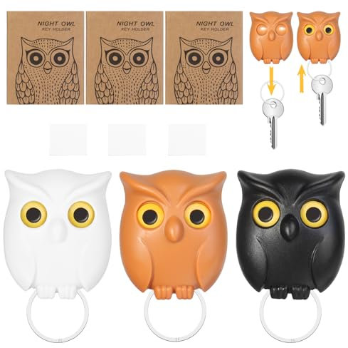 CYZBL 3Pcs Magnetic Key Holder, No-Punch Wall Key Hook Storage, Keyhook Storage Ornament Owl Key Holder, Wall Mounted Owl Keychain Holder 3 Color, Key Storage at The Entrance of The Foyer
