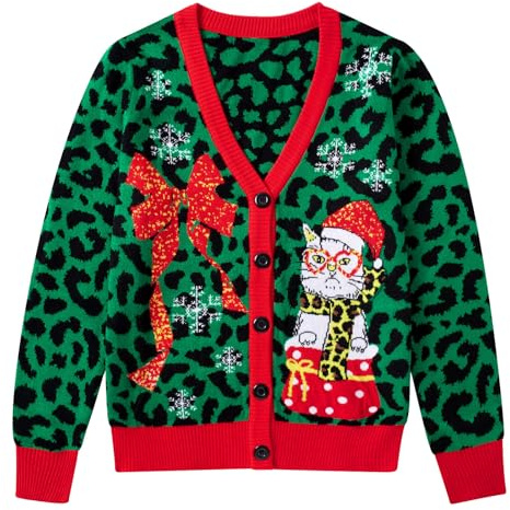 RAISEVERN Strickjacken Damen Katze Weihnachtsjacke Pullover Lustige Leopardenmuster V-Ausschnitt Cardigan Hässliche Sweater Frauen Geschenk, L