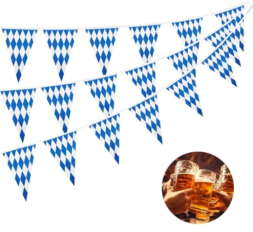 30m Oktoberfest Deko Blau Weiß Girlande,Bayrische Deko Oktoberfest,Dreieckige Bayerische Wimpelgirlanden mit 36 Wimpelfahnen,für Oktoberfest Deko Haus Garten Bar Bierzelt,Outdoor Innen