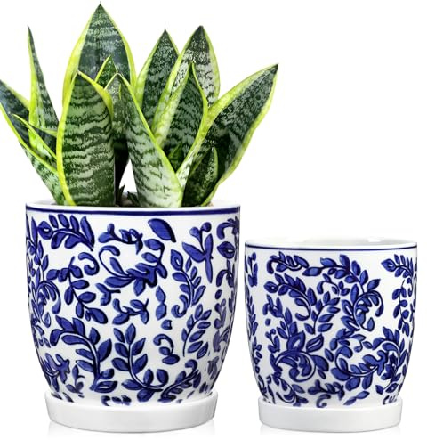 2er-Set Blau und Weiß Blumentopf Keramik Pflanztöpfe Sukkulentententöpfe mit Drainagelöchern und Untersetzern Kleiner Keramik-Pflanztopf für Sukkulenten Kaktus Indoor Outdoor Garten Fensterbank