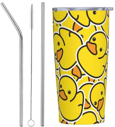 VOSERY Botella de agua de 590 ml con tapa y popote, diseño de animales de dibujos animados de pato amarillo, vaso aislado de acero inoxidable, taza de café de viaje, vaso personalizado