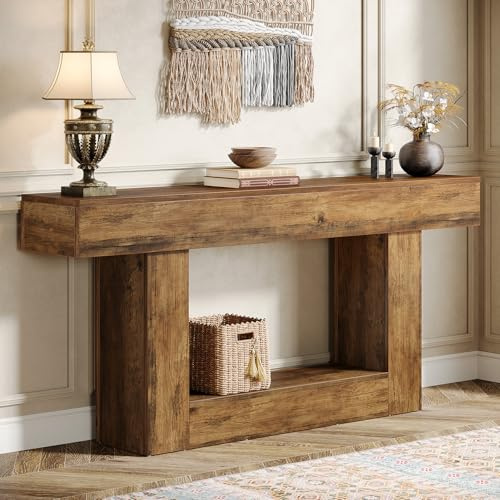 Tribesigns 63 Console Table, Farmhouse 2-Tier Entryway Table with U-Shaped Base, Narrow Long Wood Sofa Table Behind Couch Table for Living Room, Hallway, Foyer, Vintage Brown