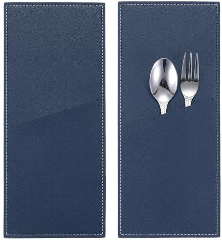 QUARKZMAN 2 Fundas de Cuero para Cubiertos Porta Cubiertos Cuchillo y Tenedor Bolsa Bolsillo de Almacenamiento de Cubiertos para Mesa de Cena Decoración de Cocina En Casa, Azul Oscuro