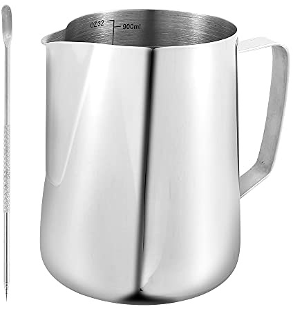 Milk Frothing Jug 900ml Stainless Steel Milk Pitcher Coffee Frother Jug Special Dripless Spout Metal Barista Milk Jug Cup for Cappuccino Latte Espresso Frothing Coffee Machine (1PCS)