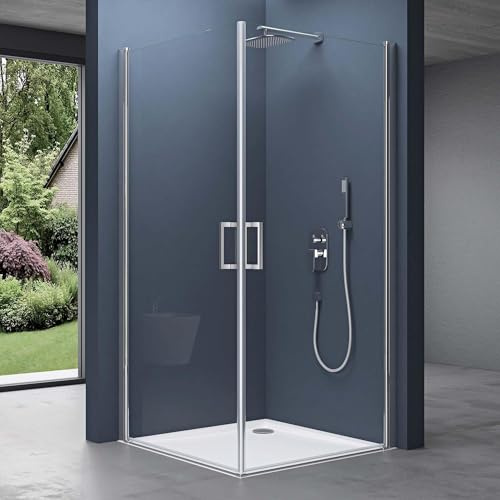doporro Eck-Duschkabine 75x75x195cm Duschabtrennung ESG-Sicherheitsglas | Eckdusche Doppelschwingtür Klarglas mit Nano-Beschichtung Hebe- und Senkmechanismus Ravenna24K