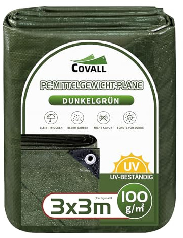 Covall Tarpaulin Waterproof Tarp Medium-Duty Groundsheet Sheet Cover 3x3m with eyelets 100g/m² Green Weatherproof Windproof UV-Resistant Tent Pool Roof Sandbox Boats Truck RV Car tarp