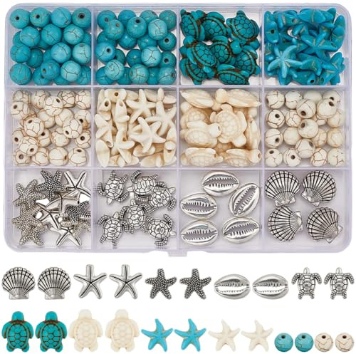 SUNNYCLUE Kit de 1 cuentas de Playa con Forma de Tortuga, de Aleación de Plata, Estilo Hawaiano, Blanco, Verde, Concha, Estrella de Mar, Espaciadores para Bisutería, Accesorios para Pulseras de Verano