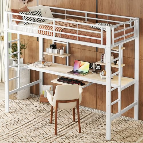 Gxffipw Einzelbett Hochbett 90x200 mit Schreibtisch und 2 Regal, Kinderbett mit Rausfallschutz und Tastaturablage, Etagenbett Bettgestell mit Metallrahmen und 2 Leiter, Metallbett, Weiß, Ohne Matratze