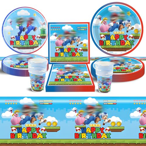 Super Bro Party Tableware Set Kids, 51pcs Birthday Decorations, Cartoon Themed Birthday Party Supplies For Kids Boys Girls,Include Paper Plates, Paper Cups And Napkins Tablecloth