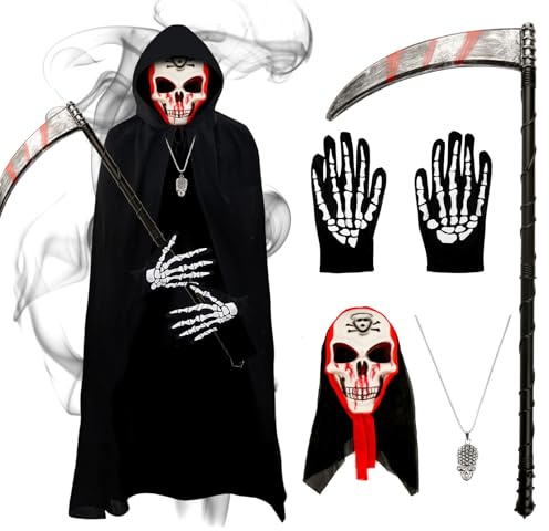 Tutukyle Costume da Mietitore per Bambino,Costume da Grim Reaper Bambino, Morte Costumes di Halloween Include mantello con cappuccio, falce, guanti scheletrici, maschera, collana scheletrica