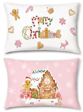 Bonhause Federe per Cuscini Pan di Zenzero Natale 30 x 50 cm Copricuscini Decorativi Casa Panetteria Fiocchi Rosa Federa per Cuscino Divano Letto Casa Decorazione Set di 2