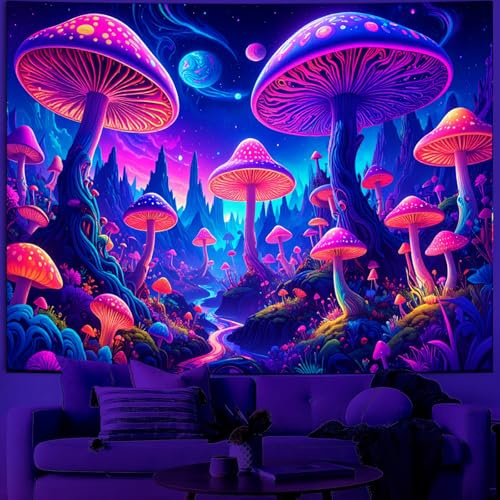 Simpkeely Schwarzlicht Fantasie Pilzwald Wandteppich – UV-Reaktiver Wandbehang mit leuchtenden Galaxie-Pilzen, Glow-in-the-Dark Wanddeko für Schlafzimmer, Wohnzimmer und Partys – 130 x 150 cm