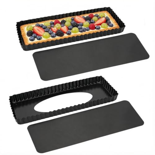 Axincardarm 2 Pack Rectangular Tart Pan Non-Stick 14 Inch Quiche Tin Black | with Removeable Bottom, Carbon Steel Quiche Pan, for Baking, Pie, Cakes