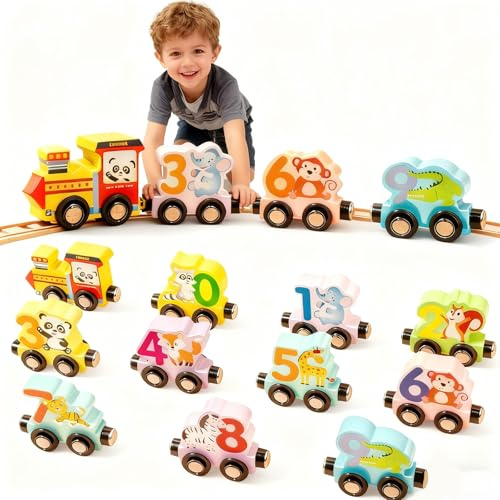 Pmueuff Magnetischer Holzzug, 11 PCS Magnetic Zug Holzspielzeug mit Tiermuster & Zahlen Montessori Spielzeug ab 1 2 3 Jahre Holzzug Montessori Magnetzug Set Geschenke für Jungen Mädchen ab 2 3 4 Jahr
