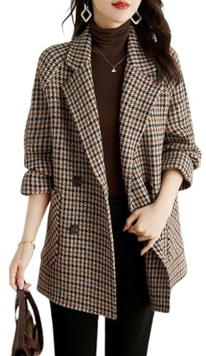 Women's Autumn Winter New Lapel Houndstooth Wool Coat, Fleece Lined, Fashionable And Warm