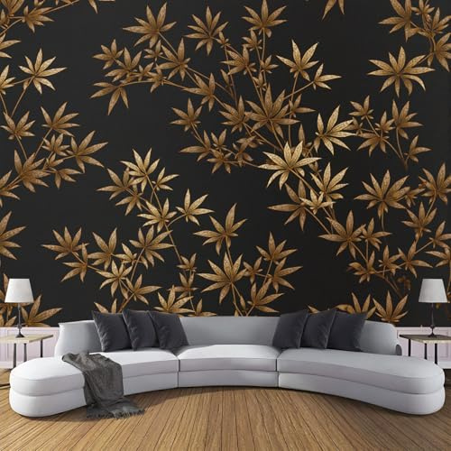 Papel Pintado 3D Hojas Bambú Doradas 150×105cm Fotomurales Tejido No Tejido, Negro Papel Tapiz Grande Murales Fotográfico Elegante Planta Decoración de Paredes