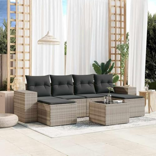 QJBSAVVA 7-TLG. Garten-Sofagarnitur Hellgrau Poly-Rattan 110 kg Tragkraft modulares Balkonmöbel-Set mit Glas-Tisch 55 x 62 x 69 cm für kleine Balkone Terrassen Lounge
