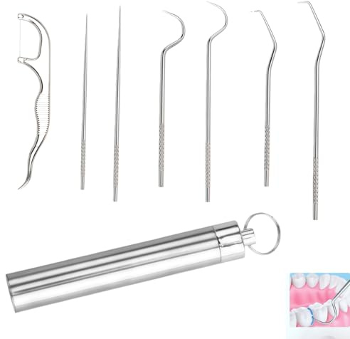7 Palillos de Dientes de Acero Inoxidable 304 Grado Reutilizables,Palillos de Dientes Portátiles de Metal y Titanio,para Limpieza Bucal Eficaz Después de Comer,Casa,Viaje Hilo Dental