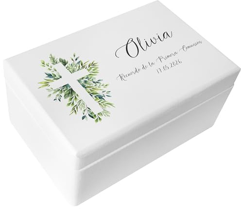 Creative DECO Blanca Caja Regalo Personalizada Primera Comunión de Memoria | Caja de Madera para Niños / Niñas | Personalizado - Cáliz | Impreso | Personalizadas para Niño y Niña | Personalizados