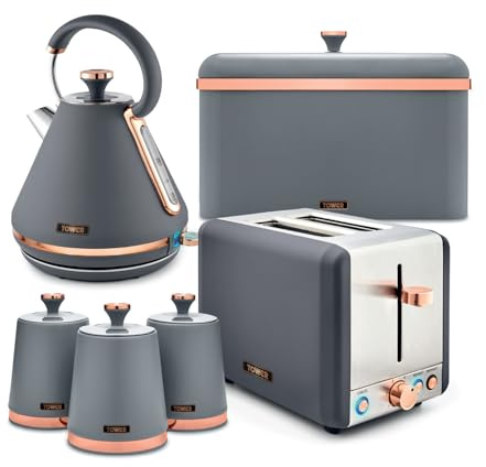 Tower Cavaletto 4 Piece Kitchen Set, 3kW 1.7L Pyramid Kettle, 2 Slice Toaster, Bread Bin & 3 x 1.3L Canisters, Grey & Rose Gold, EEJB471