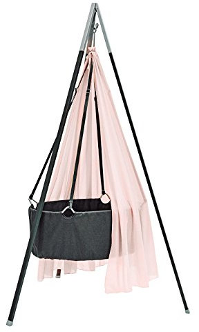 Leander - Culla per bambini con materasso e ganci da soffitto, con baldacchino (velo), colore: Rosa soft + treppiede grigio