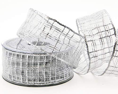 finemark 20 m x 40 mm Dekoband Alexander Silber Karo transparent metallic Schleifeband Geschenkband Drahtkanten kariert Weihnachten Advent