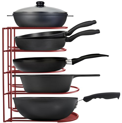 Heavy Duty Pots and Pans Organizer - For Cast Iron Skillets, Pots, Frying Pans, Lids | 5-Tier Durable Steel Rack for Kitchen Counter & Cabinet Storage and Organization - No Assembly Required [Red]