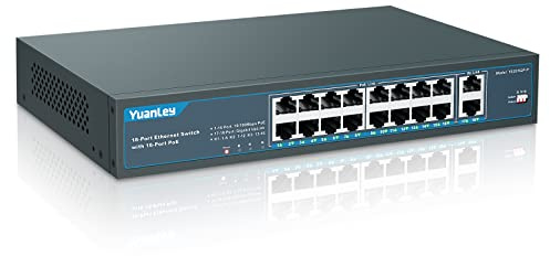 YuanLey 18 Port PoE Switch, 16 PoE+ Port 100Mbps, 2 Uplink Gigabit, 250W Integrierte Stromversorgung, 802.3af/at, Nicht Verwaltetes Plug-and-Play für die Rackmontage