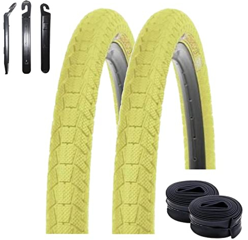 2 x Kenda K-907 Krackpot BMX Fahrradreifen 20 x 1,95 (50-406) Gelb + 2 x passende Schläuche AV inkl. Reifenheber