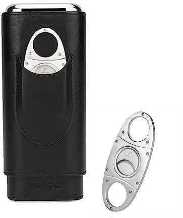 PIPITA Estuche para cigarros portátil de Viaje 3 Tubos Humidor de cigarros de Cuero Elegante con Cortador de cigarros de Acero Inoxidable de Alta Gama Bolsa de Regalo portátil(Negro)