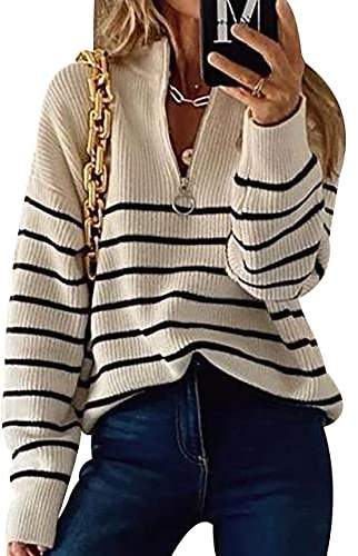 Jersey Punto Rayas Cuello Pico Cremallera Mujer Invierno Sueter Mujer Manga Larga Jerséis Pullover Oversize Cuello V Talla Grande Jerseys Jerseis de Mujer Suéter Suéteres para Mujer Otoño Beige S