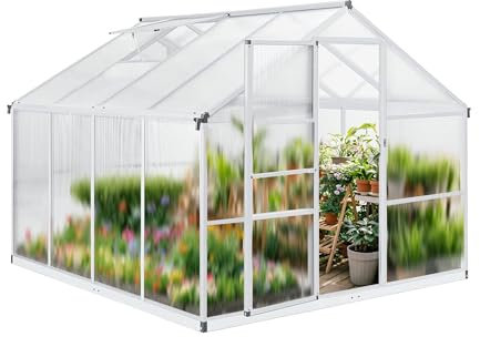 Gegaden Gewächshaus Aluminium für den Garten |Mit 8 cm dickeres Fundament| 242*250*195 cm | Vielseitig nutzbar als Treibhaus Gartenhaus winterfest Aufzucht Tomatenhaus Frühbeet und Pflanzenhaus silber