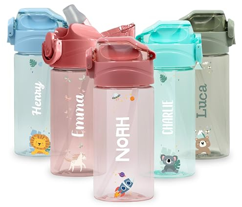 BIENMARQUER - Gourde Enfant Personnalisable 450mL avec Paille Anti-Fuite | Inclus bouchon anti-fuite, fermeture à clip et une paille - Plastique 100% sans BPA - Parfait pour l'école et la maternelle