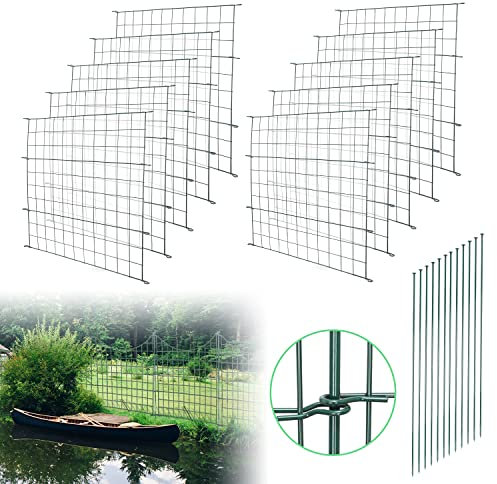 Izrielar Teichzaun Set, Teichzaun Steckzaun Metall, mit 22 Zaunelemente-10 Zaunelemente 12 Befestigungsstäben, 10 Stück Metallzaun Grün, Freigehege Gartenzaun Tiergehege