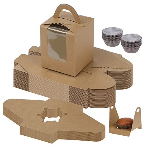 Fippy 50 Stück Cupcake Boxen 1er mit 100 Stück Cupcake Förmchen Papier, Einzelne Cupcake Muffin Boxe mit Griff und Sichtfenster, Kleine Kuchenboxen Karton für Muffins Cupcakes Desserts Kuchen